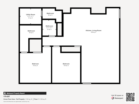 A floor plan of a property with a kitchen, living room, and four bedrooms.